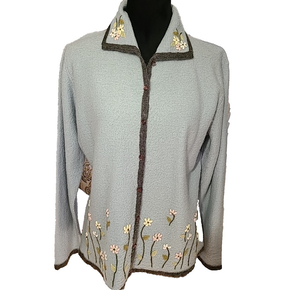 Women Sag Harbor Wool Mohair Blue Flowers‎ Cardigan Sweater Lg Button Gardengirl